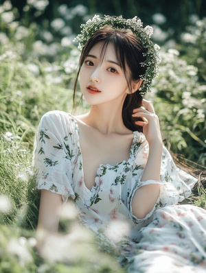 1 girl, moyou , lace shirt , like Lin Chi - ling , printing Yoga pants , Summer style , Wearing a wreath hairpin , Transparent shawl , All kinds of clothes , light smile ,garden Background , Cover model。