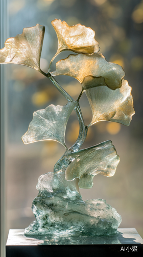 Ginkgo leaves made of transparent glass，Glass texture, transparency, soft sculpture, wide-angle lens, and depth of field are used for rendering, sparkling, semi transparent, blurry foreground