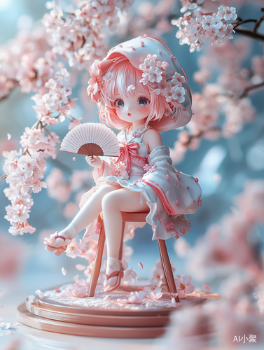 Cute pink blue girl ip, bubble marte style, sitting on a stool, wearing a cherry blossom hat, holding the fan, stepping on cherry blossoms, cherry bases, soft color matching, model, blind box toy, exquisite luster, OC rendering , Best picture quality, 8K, reduced noise, solid color background