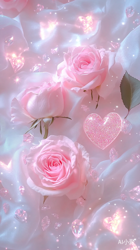 Lovely pink roses and hearts, light white clouds, twinkling stars, white background, pink color scheme, dreamlike style heart element moving wallpaper. Soft colors, a dreamy atmosphere, and sparkling crystal details dot the entire scene. The roses glistened in the soft light, creating an elegant atmosphere. Hd photography, exquisite texture, exquisite composition.ar 9:16 v 6.0