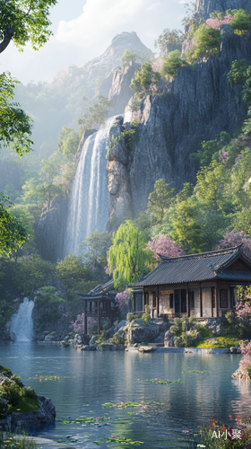 写实风景图房子湖泊瀑布与桃树