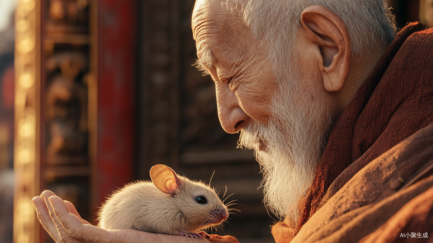 Elderly Lama at Temple Gate Observes Mouse in Ultra Realistic Detail