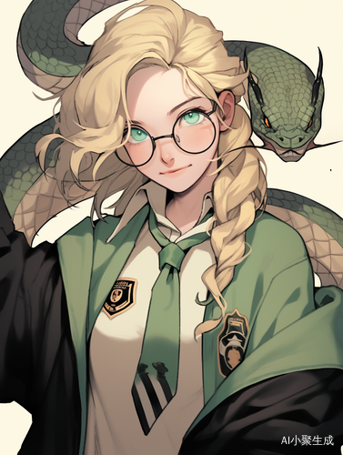 淡金色长发绿色眼睛黑框眼镜霍格沃茨蛇院服