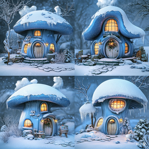 六个迪士尼风格蓝色雪-covered卡通蘑菇小屋