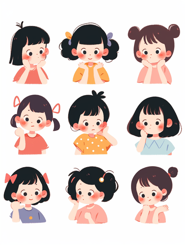 Korean Style Cartoon Girl Icons in Bold Line Drawings