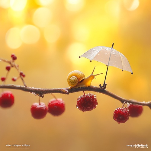 蜗牛撑伞坐枝头雨润浆果树