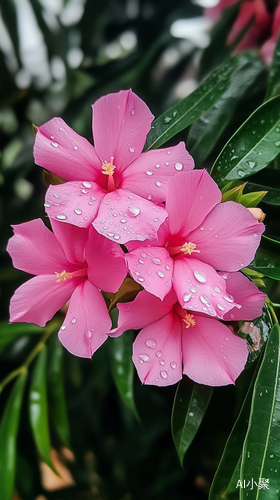 雨天夹竹桃花绽放水珠闪烁的恬静氛围