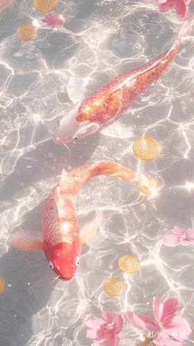 Surrealistic Photography of Pink Koi Fish in Sparkling Pool with Gold Accents