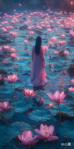 Pink-clad figure by lotus-filled lake in cinematic style