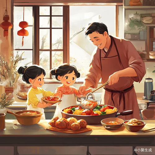 父亲教孩子做饭的中国风厨房卡通画