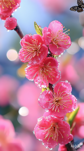 一场大雨过后，蓝天白云放光，阳光照在一束粉红梅花的花瓣上。绿嫩的叶子和纯红白的花瓣里充满了亮晶晶的水滴，闪闪发光。花瓣饱满，纯净如玉。在真实的照片中，它们美丽逼真，花瓣清晰高清。 一位少女，黑色长发，黑色瞳孔，站在这面前，蝴蝶绕着这位少女转来转去