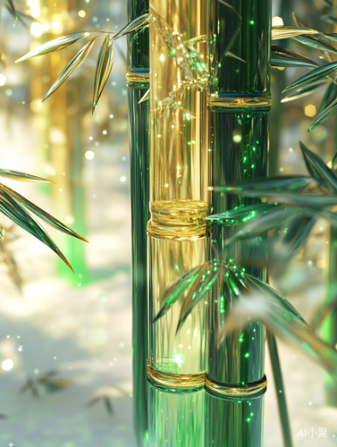 A golden and green glass material bamboo, without leaves, bamboo made from Emerald, green light, twinkle stars around, translucent glass texture, crystal clear, in the style of V-Ray tracing, more details, surreal, high-resolution, charming illustrations, green glowing lights from all over the body, cartoonish innocence, snow scenes with bokeh, snow-white background, bright colors, 3D,OC rendering, partial close-up, with light smoke dreamy style, clean pictures, high quality, 8k