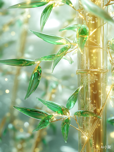 A golden and green glass material bamboo, without leaves, bamboo made from Emerald, green light, twinkle stars around, translucent glass texture, crystal clear, in the style of V-Ray tracing, more details, surreal, high-resolution, charming illustrations, green glowing lights from all over the body, cartoonish innocence, snow scenes with bokeh, snow-white background, bright colors, 3D,OC rendering, partial close-up, with light smoke dreamy style, clean pictures, high quality, 8k