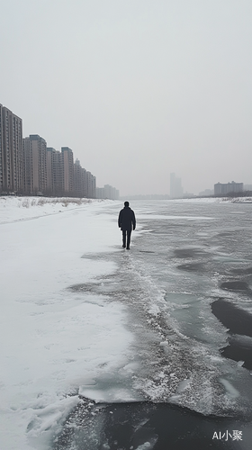 哈尔滨松花江面结冰行走者在冰雪纷飞中独行