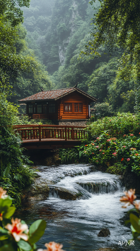 一间木屋，小桥流水，周边葱葱郁郁的绿植和盛开的花朵，风景图