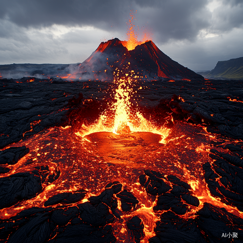 火山爆发，炙热熔岩流淌，鲜红色的岩浆与黑色岩石形成强烈对比，突显出周围的极端环境。画面的中心是一颗巨大的牙齿，如同火山口，锋利且闪烁白光，周边环绕着飞溅的火山灰和火焰，营造出紧张而震撼的气氛。