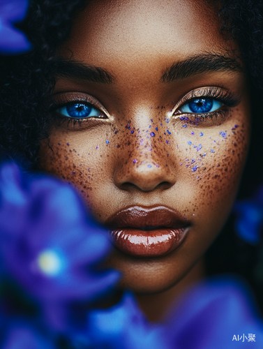 Editorial Style Portrait of Beautiful African Woman with Blue Eyes and Bright Makeup