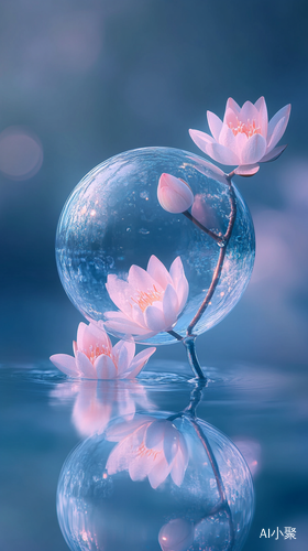 There is a blue bubble floating on the clear and calm lake, there is an abstract flower branch on the bubble, there are water droplets on the flower branch, and two small crystal pink lotus flowers floating on the lake next to it, transparent crystal material, cool blue tone, ultra-high definition. ar 9:16 v 6.0