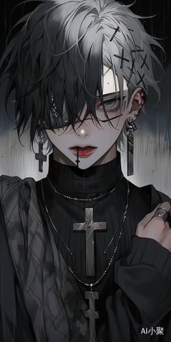 男，White and black hair, protruding tongue, male, black and white and light grey style, Gothic horror, dark white and light silver, animated character, 8k uhd, black hair, colorful hair, bandages, cross earrings, Jewelry, face Band-Aids, earrings, Cross, two-tone hair, Band-Aids, different eyes, one blue and one red, high image quality, beautiful light and multi-colored eyes, clear, Delicate rendering, collarbone, long hair, fox eyes, beauty mark, boyish sense, stunning features, hazy beauty, close-up portra