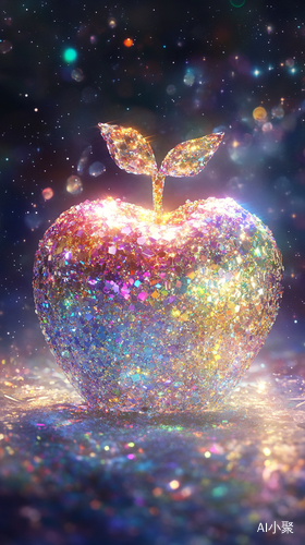 3D, Apple, a vibrant and glowing apple made of sparkling crystals against a dark cosmic background, with the apple located in the center and surrounded by a halo, creating a wonderful feeling