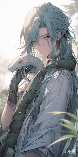 Blue Haired Boy in Ethereal Landscape with Detailed Cyan Snake and Jewelry