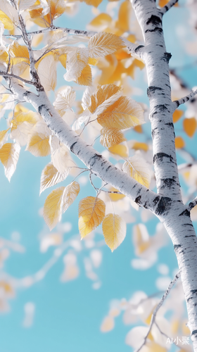 Birch Tree Branch with White Bark and Yellow Leaves Against Blue Sky