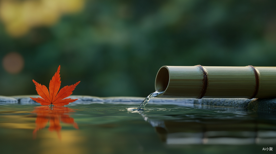 竹管流水与枫叶漂浮的极简意境美