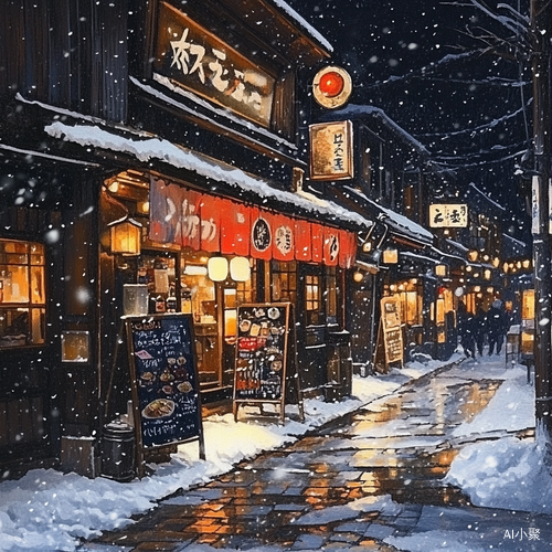 下雪天，小街上的日式居酒屋