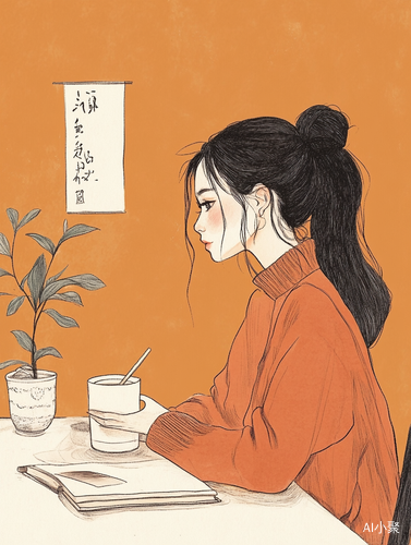 冬至时节女设计师绘图喝奶茶