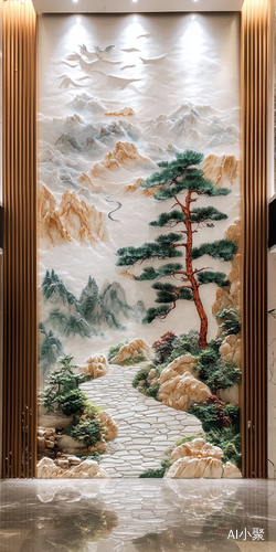 豪华酒店大堂里 一副手绘 巨型浮雕壁画 迎客松 山水 石道 白色 超真实