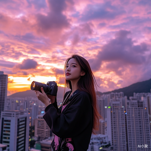 一名亚洲女子站在屋顶上,手持相机拍摄照片,云彩在前,建筑在后,正值黄昏时分。天空布满了粉紫色的云朵,形成了一幅美丽的日落景象。她的身影在巍峨的摩天大楼背景下显得很小。这张照片是用索尼阿尔法A7 III相机配合佳能EF镜头24-35mm f8L IS USM拍摄的,超详细、广角、超现实、电影摄影、全身照、自然光线、低对比度。