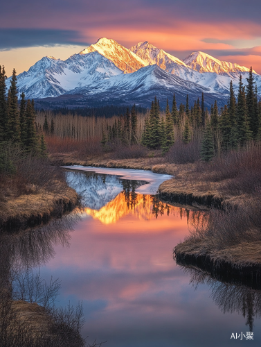 Dawn Over Snow Capped Mountains and Reflecting River