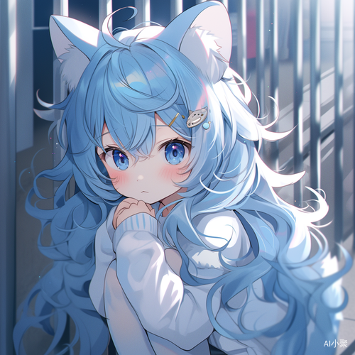 A beautiful Chinese youth，Blue curly hair，wavy hair，Skin whitening temporarily，Golden edged leg ring，Light blue cat ears，Light blue cat tail，Wearing white shorts，Legs bent，Blue pupils，There is a blush on the face，Slightly open your mouth，canine tooth，Half lying on the sofa，White semi transparent shirt，Black leather collar