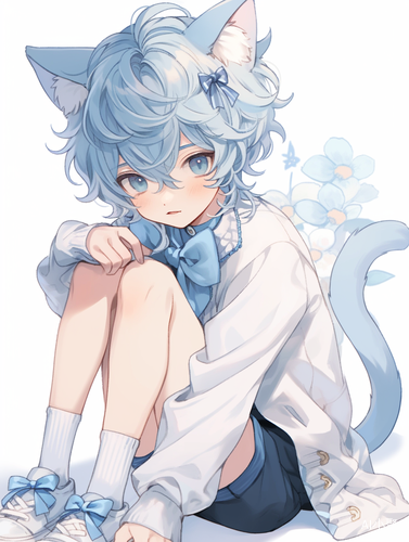 Beautiful Chinese Male Youth with Blue Curly Hair and Cat Features