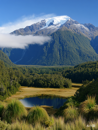 高清空中拍摄的美丽草原雪山与高山湖泊风景