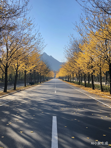 秋天的公路两旁金黄银杏树与蓝天远山的写实风景