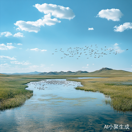 广阔草原与湖水蓝天鸟儿飞翔