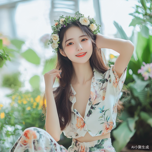 夏季穿搭女模特光明微笑花园背景