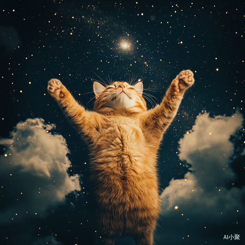 一只橘猫在夜晚的天空自由落体，张开双臂，,夜晚,星星,多云,月亮,天空,广角镜头,仰视,鲜艳色彩,电影灯光