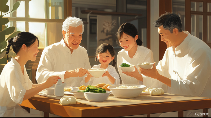 五口之家温馨早餐时光全家人幸福共聚