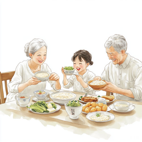 温馨家庭团聚时光五人共享早餐的幸福瞬间