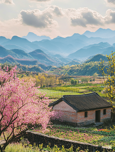 春日乡村景色青山花海与孤独瓦房的宁静生活