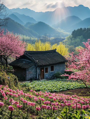 春日乡村景色青山花海与孤独瓦房的宁静生活