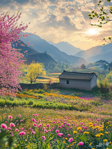 春日乡村景色青山花海与孤独瓦房的宁静生活