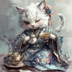 银渐层小猫穿花裙泡茶的可爱场景
