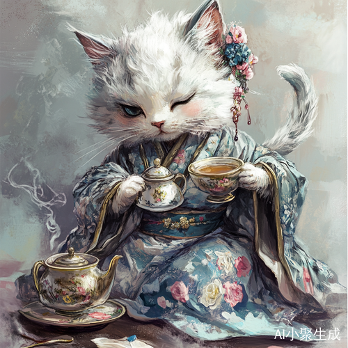 银渐层小猫穿花裙泡茶的可爱场景