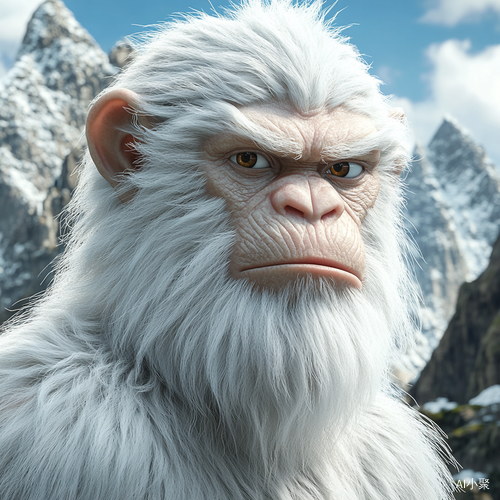 Disney Pixar Style Cartoon White Monkey with Mountain Background