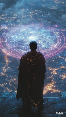 A picture of data analysis through holographic projection technology. A mage wearing a gorgeous kasaya occupies a two-quarter layout at the top of the picture. He is overlooking the three-dimensional map plate. There are many UI data marked on the map