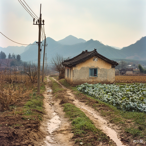 80年代中国农村老房子与泥路菜地的实景远景