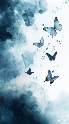 A blue and white background with butterflies, notes and abstract shapes in the air. The color scheme is dominated by light blue and dark grey, creating an elegant atmosphere. The design incorporates visual elements such as transparent effects to create a sense of mystery and tranquility. It has exquisite detail and high resolution, making it suitable for mobile phone wallpapers or desktop wallpapers. ar 9:16 v 6.1